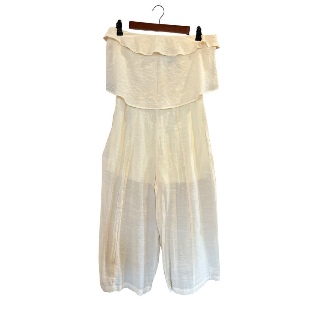 WOMENS STRAPLESS WIDE LEG JUMPSUIT RUFFLES FLOWY NEW WITH TAGS CREAM SIZE S
